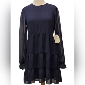 Altar'd State Navy Tiered Long-Sleeve Chiffon Dress